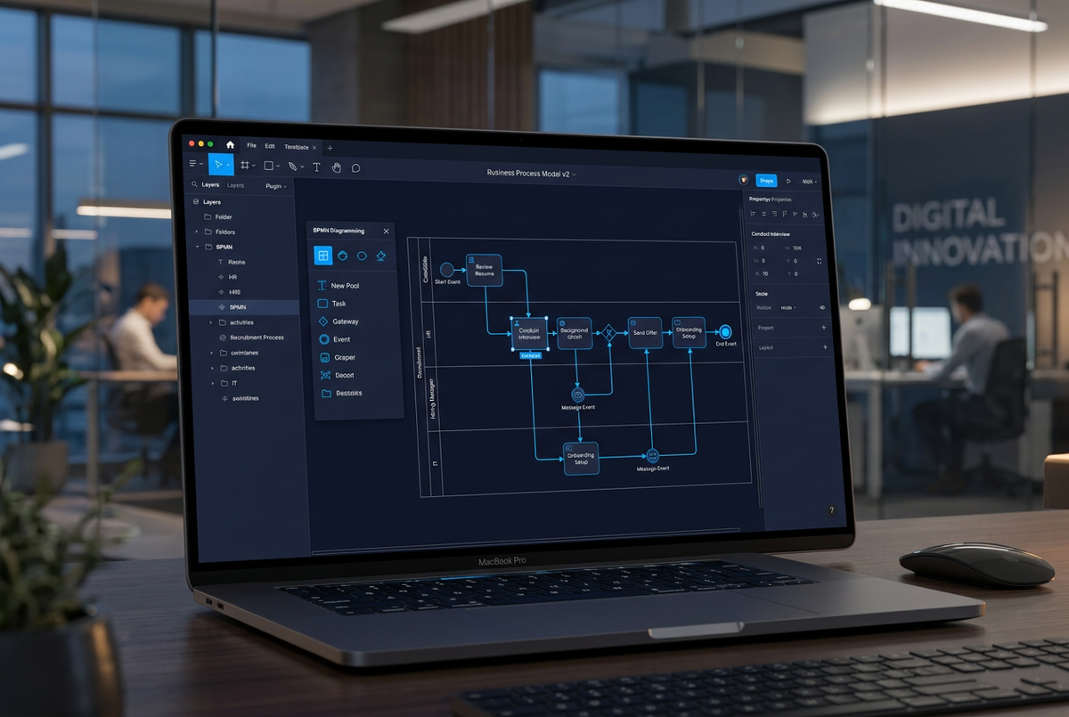 BPMN plugin interface inside Figma showing process diagrams with swimlanes and nodes