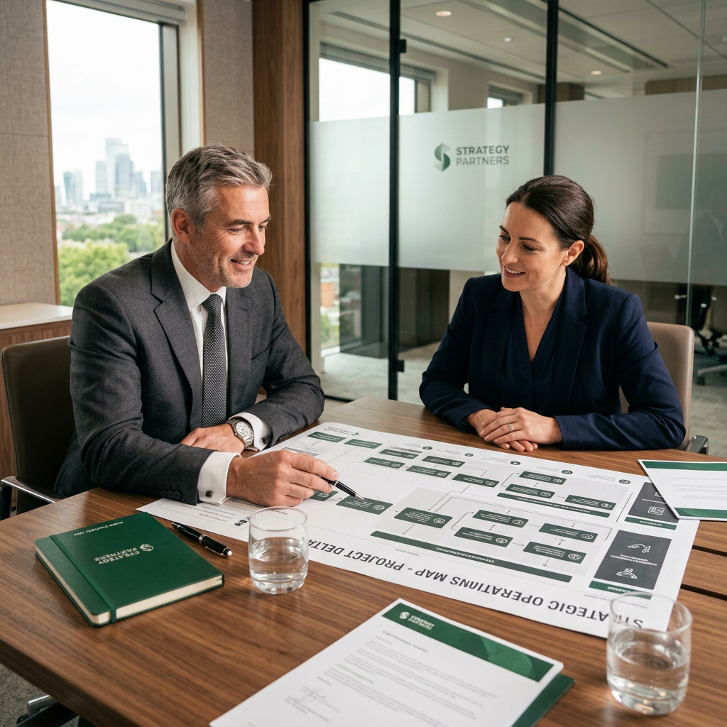 A consultant and client reviewing a process map in a modern boardroom
