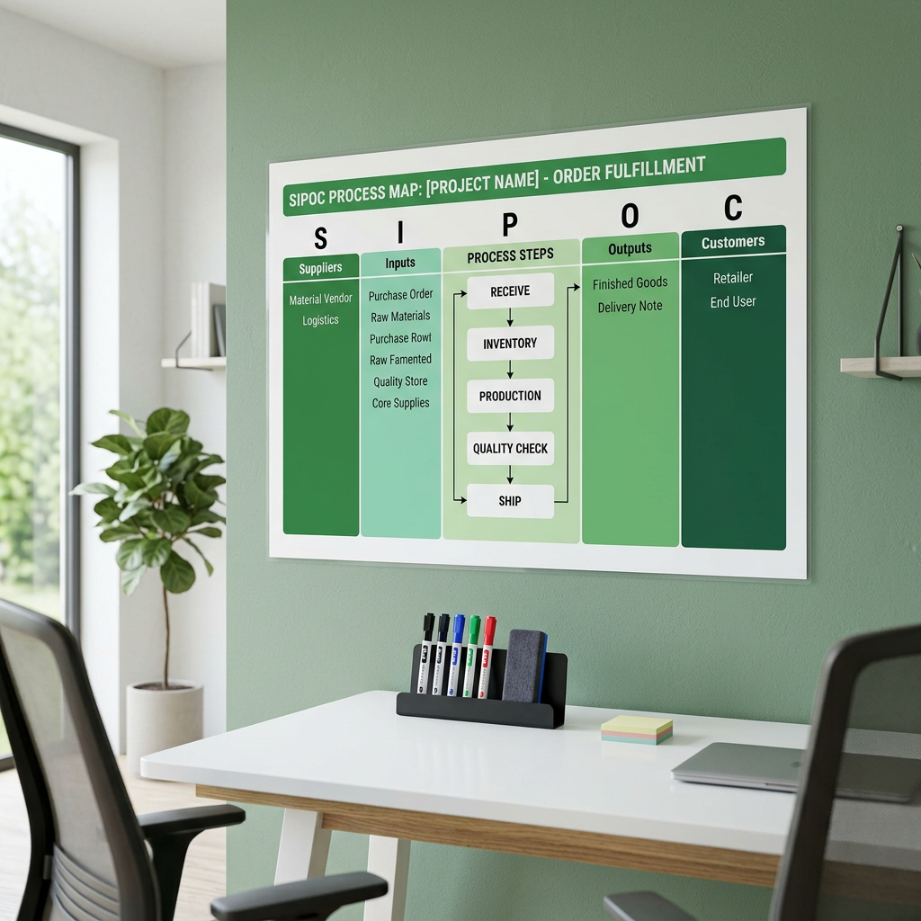 A1 laminated SIPOC wall poster mounted in a modern office with dry-erase markers nearby
