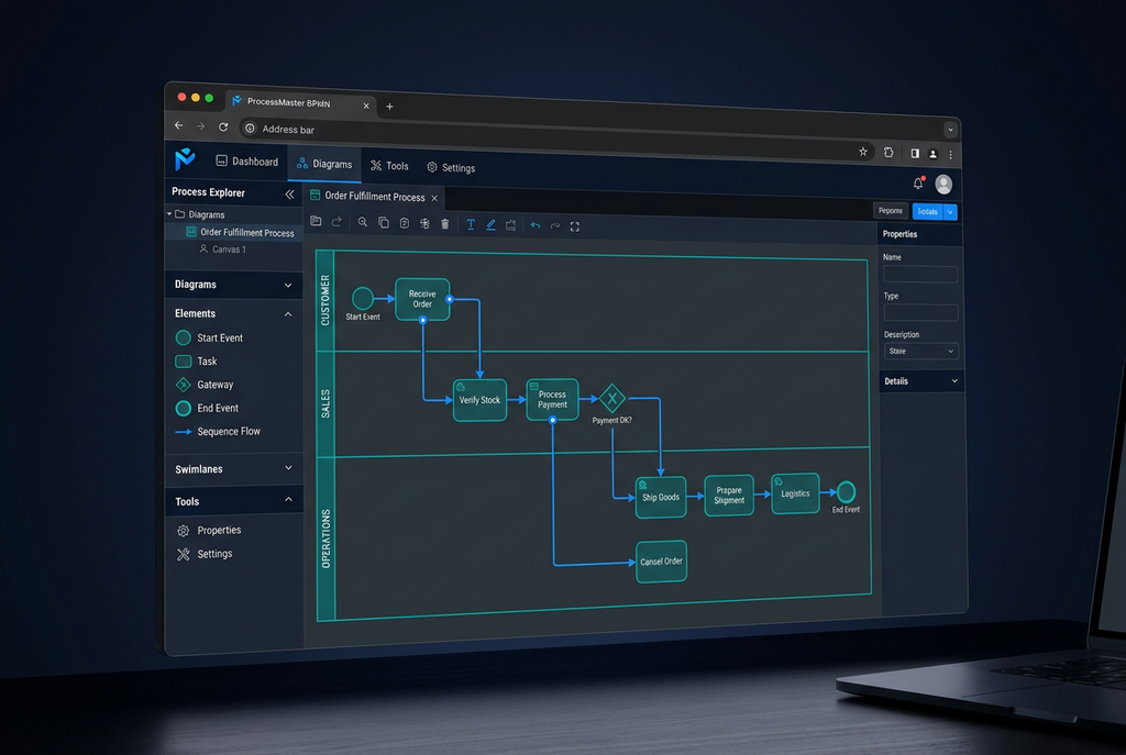 Web-based BPMN process mapping tool in a browser showing swimlane diagrams