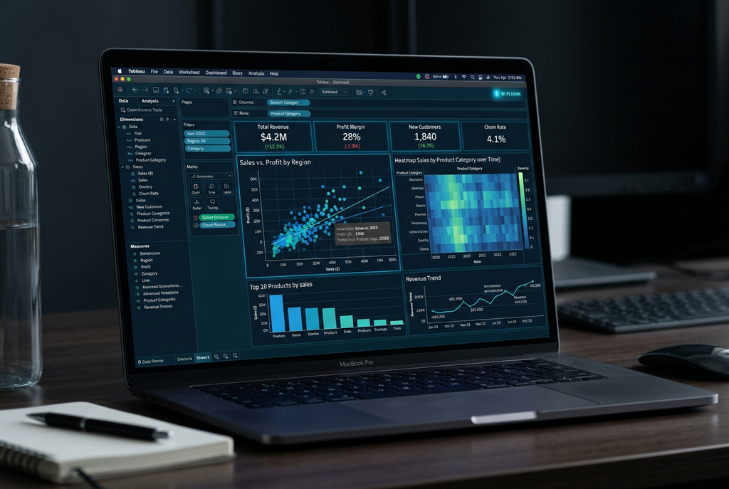 BI plugin inside Tableau showing advanced dashboard with scatter plots, heatmaps and KPI tiles