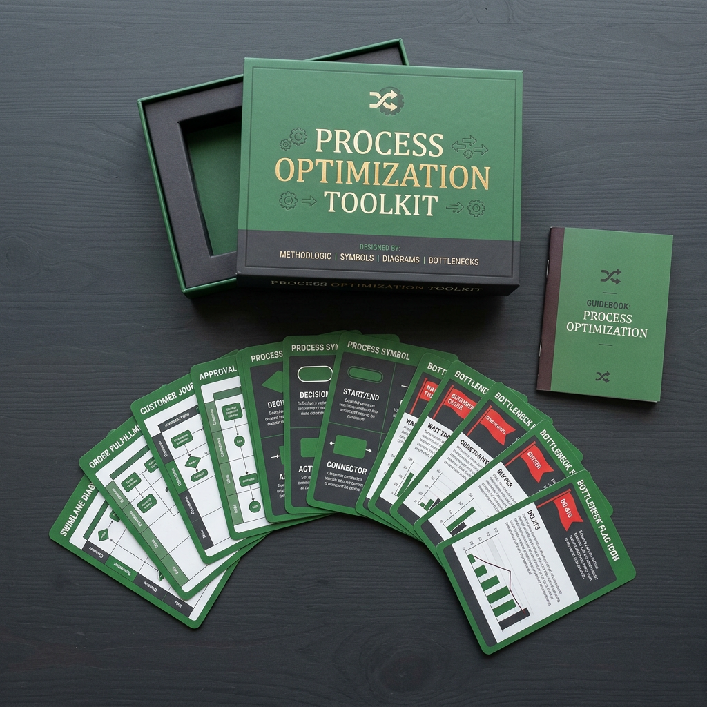 Premium workflow card deck flatlay with process symbol cards and companion guide on a dark surface