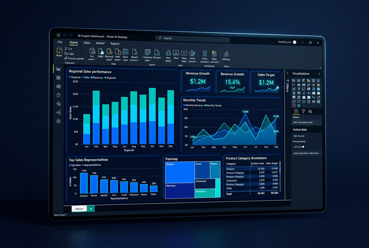 BI plugin inside Power BI showing rich dashboard with bar charts, KPI cards and line graphs