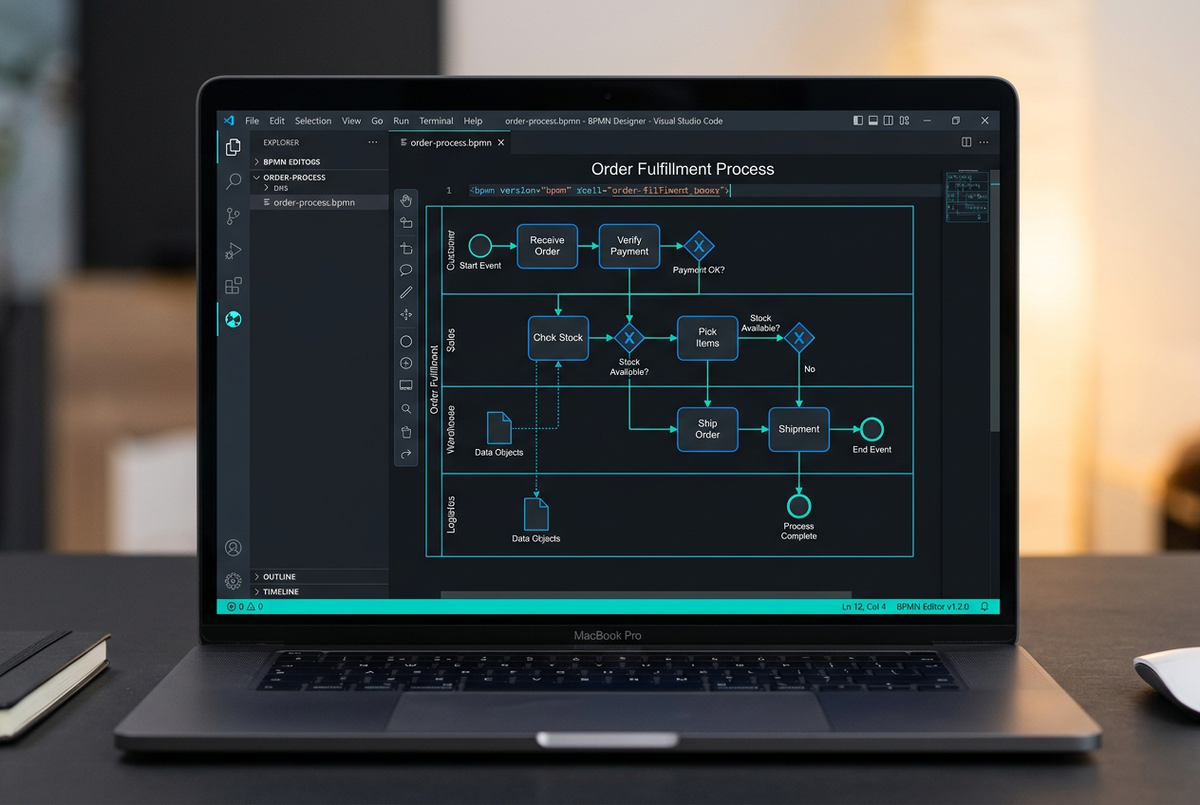 BPMN plugin interface inside VS Code showing process flowcharts in a side panel