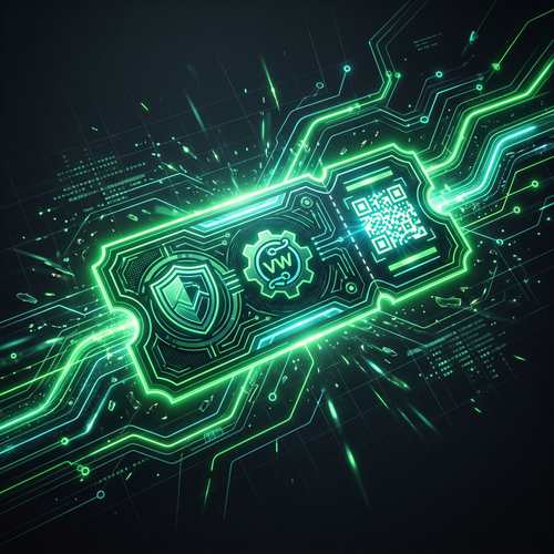 Glowing digital event pass with abstract pipeline flow visuals in forest green and charcoal