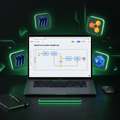 Laptop displaying a BPMN process flowchart with Miro and Lucidchart icons on a dark background